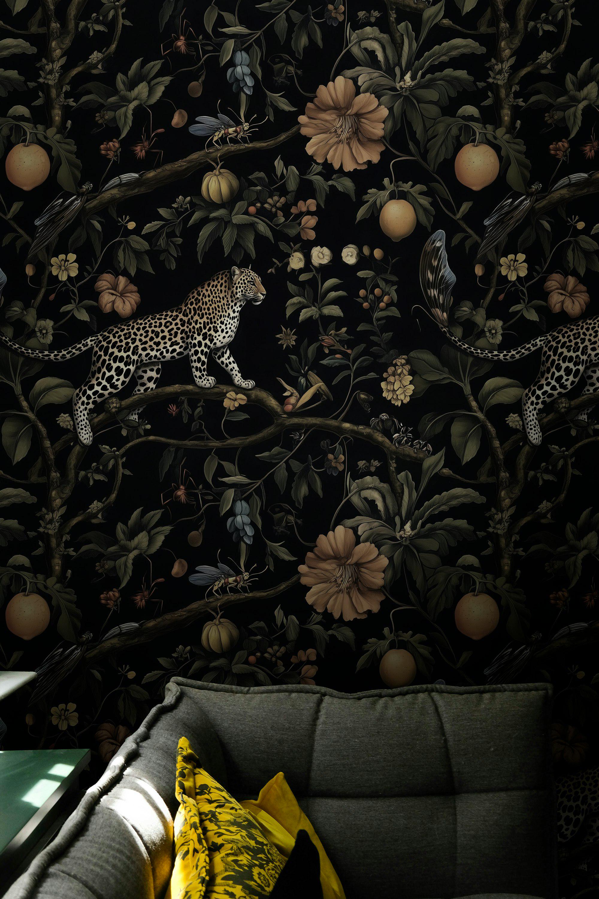 Exotic Leopard and Jungle Fruits Wallpaper Bold Dark Floral Peel and ...