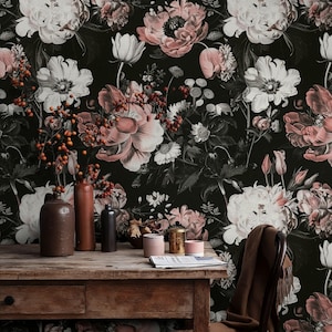Carta da parati floreale vintage con peonie rosa e anemoni - Elegante murale