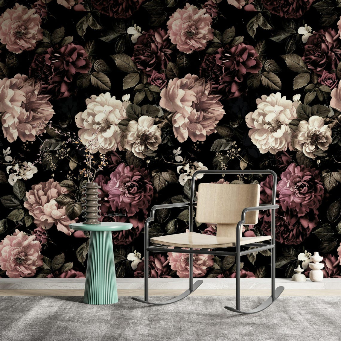Vintage Floral Wallpaper, Dark Background With Pink and Burgundy Roses ...