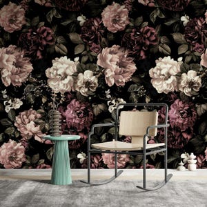 Vintage Floral Wallpaper, Dark Background with Pink and Burgundy Roses Romantic Spring Flower Pattern Elegant Wall Decor for Living Room image 5