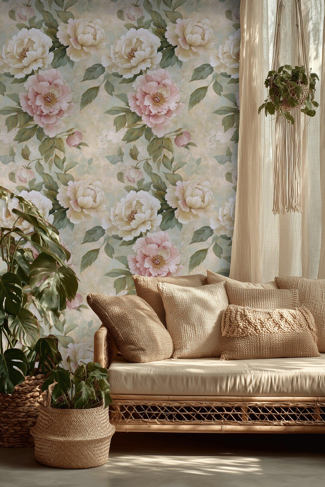 Vintage Peony Peel and Stick Wallpaper Floral Mural Cottage Wall Decor ...