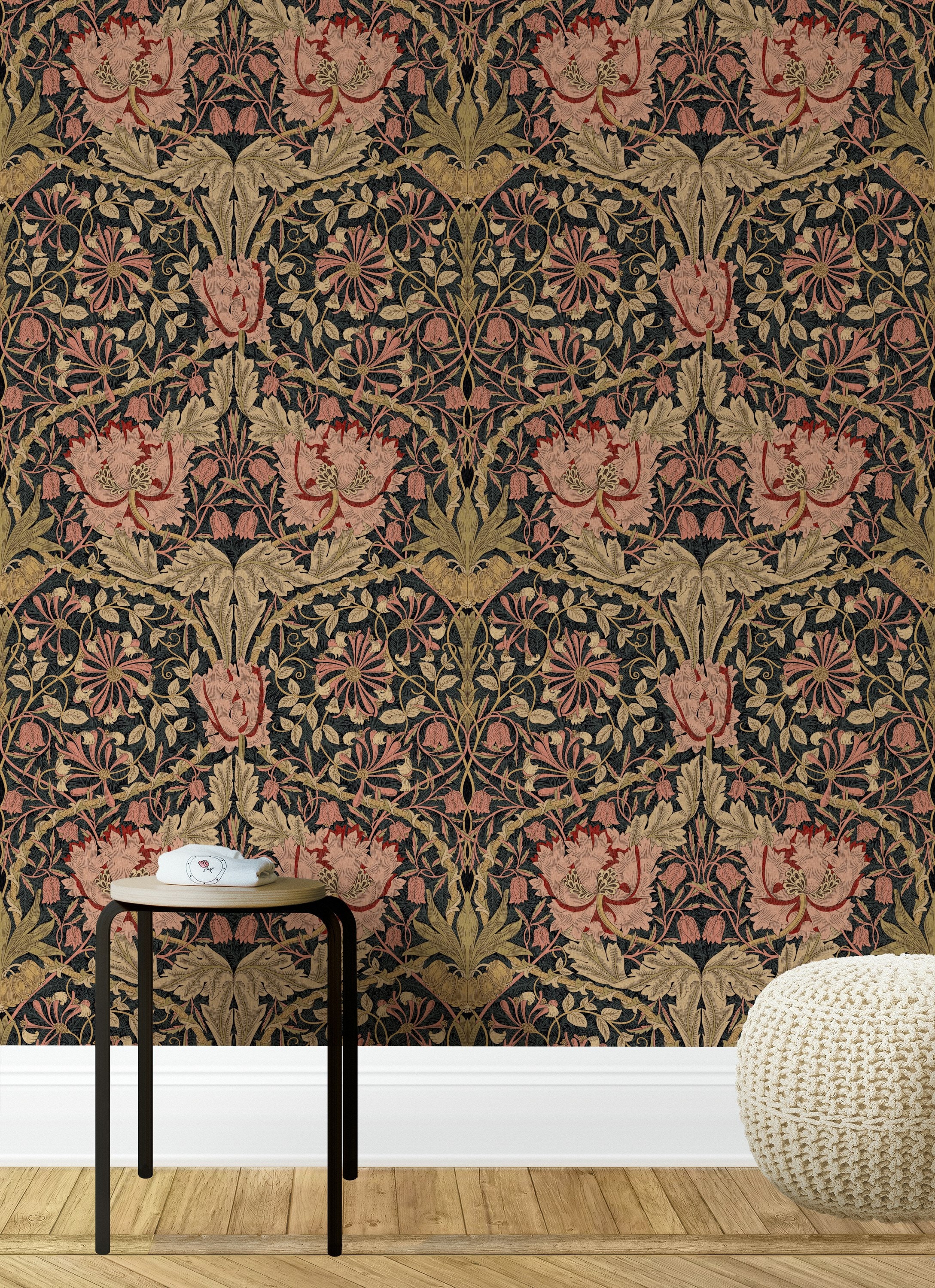 William Morris Honeysuckle Trellis Wallpaper - Papyrus on Madder