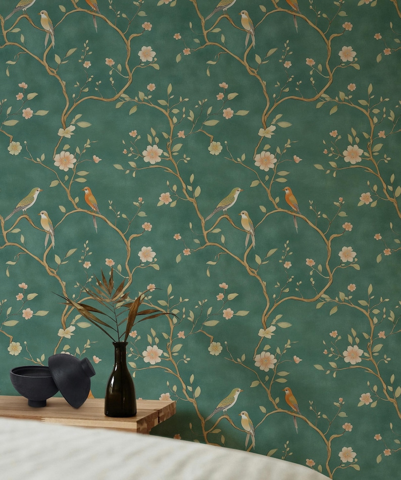 Emerald Chinoiserie Bird and Blossom Wallpaper Elegant Peel and Stick