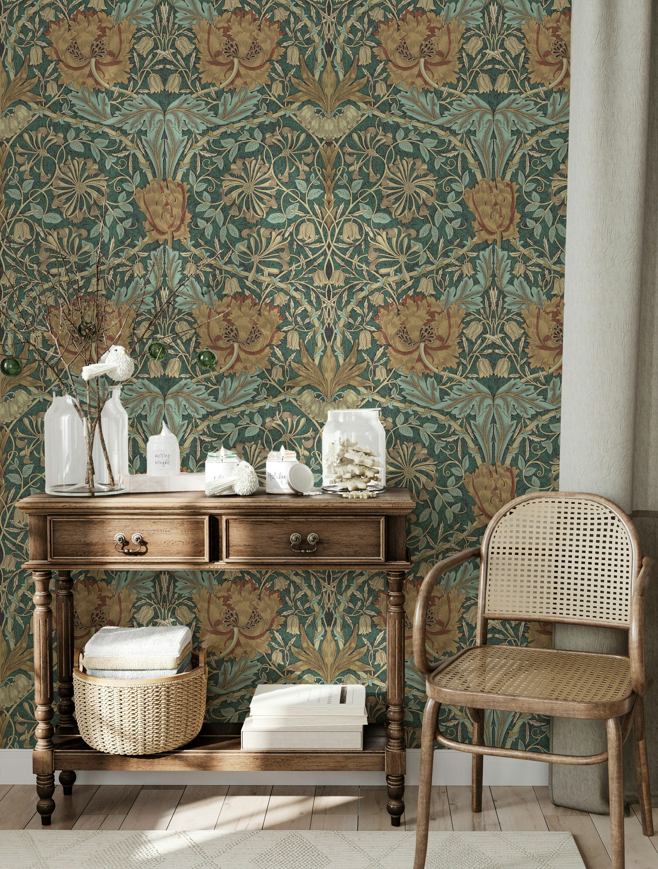 William Morris Honeysuckle Trellis Wallpaper - Papyrus on Madder