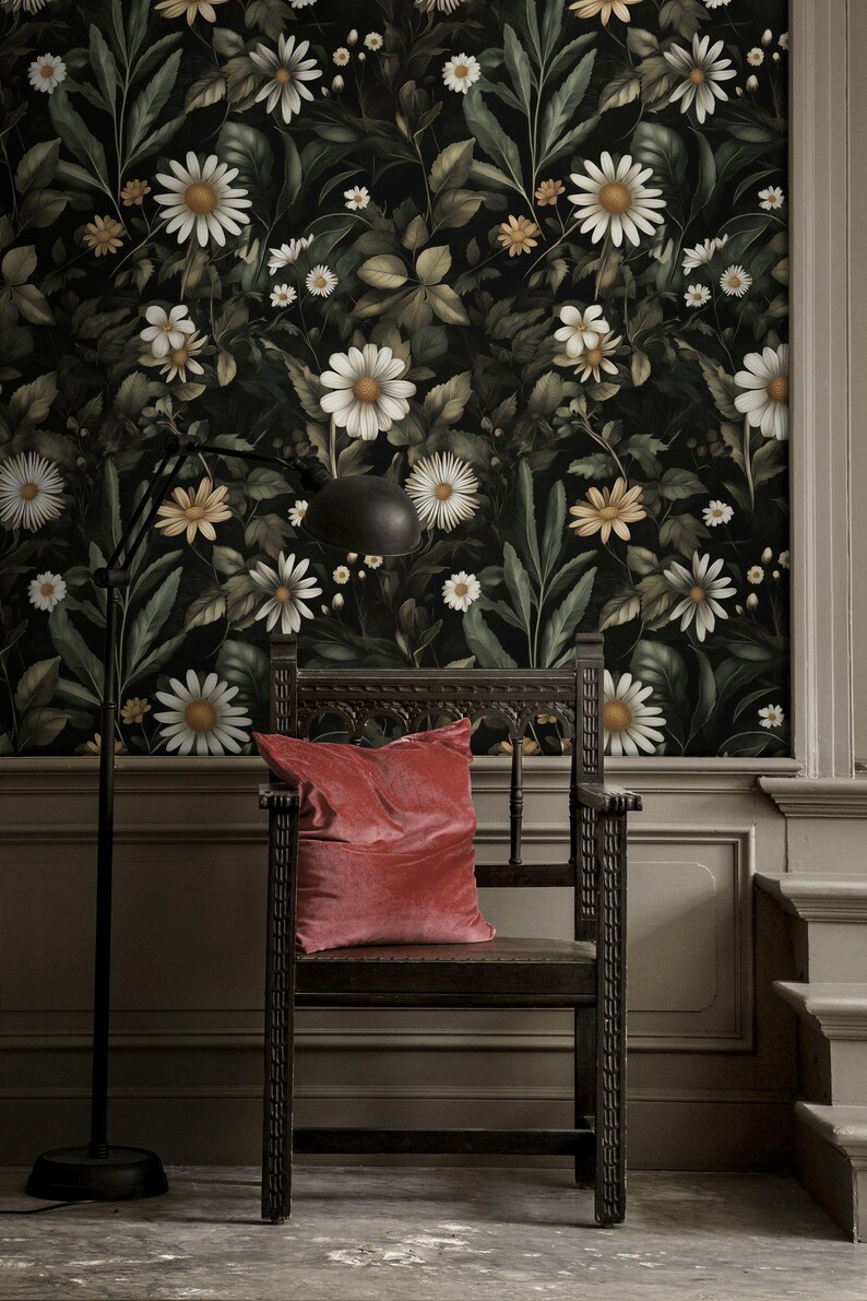 Dark Daisy Wallpaper Elegant Floral Cozy Interiors Botanical Mural - Etsy