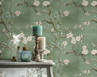 Papel pintado floral de estilo chinoiserie con fondo verde, elegante diseño de flores y ramas, autoadhesivo para decoración de paredes.