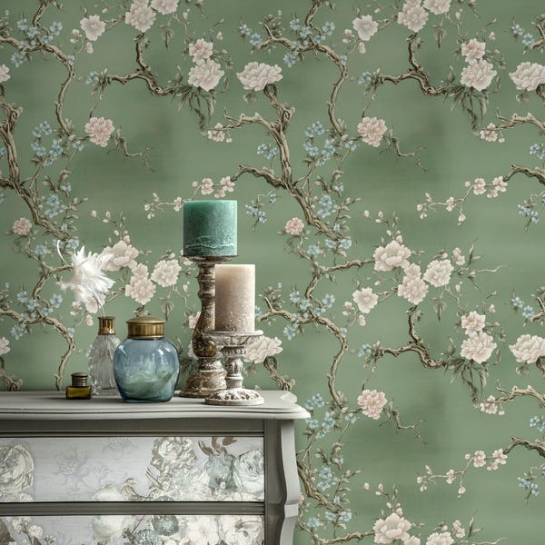 Chinoiserie Floral Wallpaper Green Background Elegant Blossom and Branch Design Peel and Stick Wall Decor