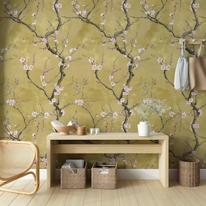 Elegante carta da parati con fiori di prugna, motivo floreale chinoiserie di ispirazione asiatica per interni tranquilli