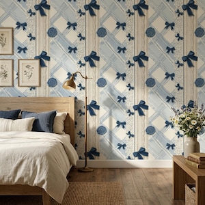 Light Blue Plaid Wallpaper Navy Ribbon Bows Peel And Stick Knit Texture Removable Wall Decor