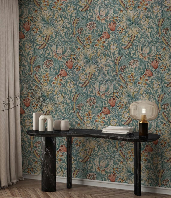 William Morris Golden Lily Wallpaper - Autumn Honey, Indigo Meadow