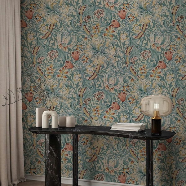 Papel pintado Golden Lily de William Morris: Autumn Honey, Indigo Meadow, Slate Quarry y Amber, Summer Forest - 1899. Diseño de John Henry Dearles.