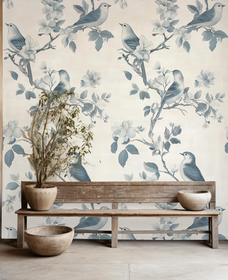 Blue Birds and Cherry Blossoms Wallpaper - Chinoiserie Style Wall Mural ...