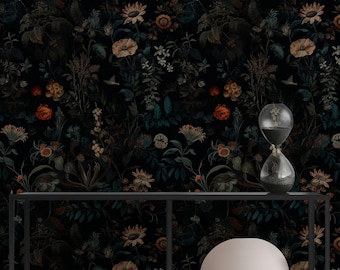 Elegant Botanical Floral Wallpaper - Dark Background, Sunflowers, Poppies, Daisies, Lush Leaves, Hand-Painted Style