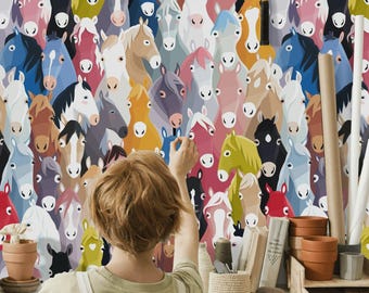 Cartoon Horses Peel and Stick Wallpaper Removable Pattern Wall Mural
