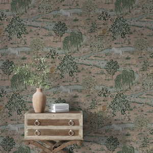 May include: A detailed wallpaper design featuring a pastoral scene with trees, animals, and a flowing river. The color palette includes shades of green, brown, and blue. A wooden chest of drawers with a vase and books is in the foreground.