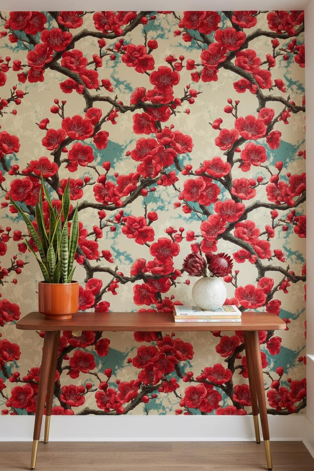 Floral Wallpaper Peel and Stick Vintage Mural Red Wall Decor - Etsy