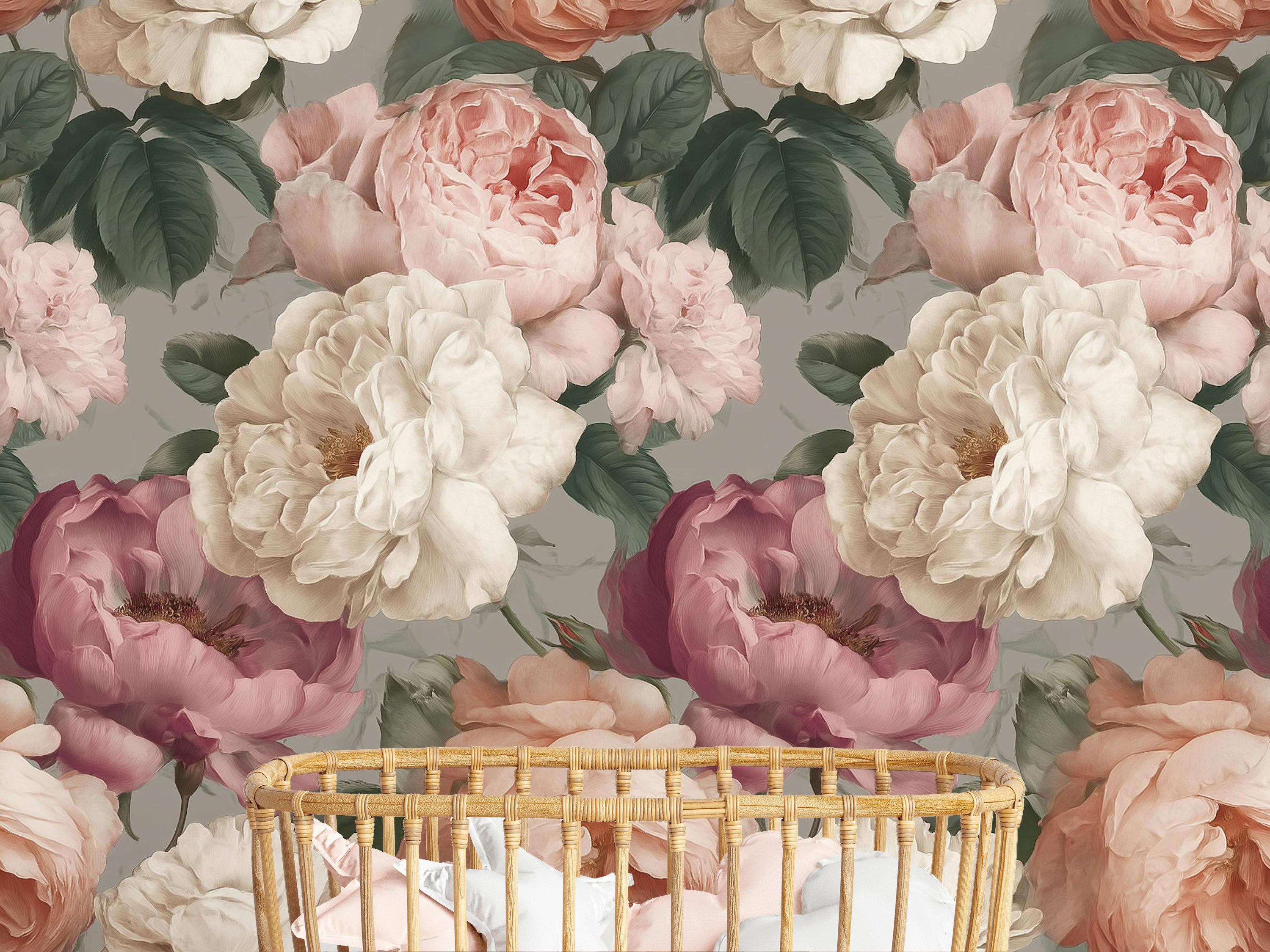 Blush Peony Peel and Stick Wallpaper Vintage Floral Mural Romantic Wall ...