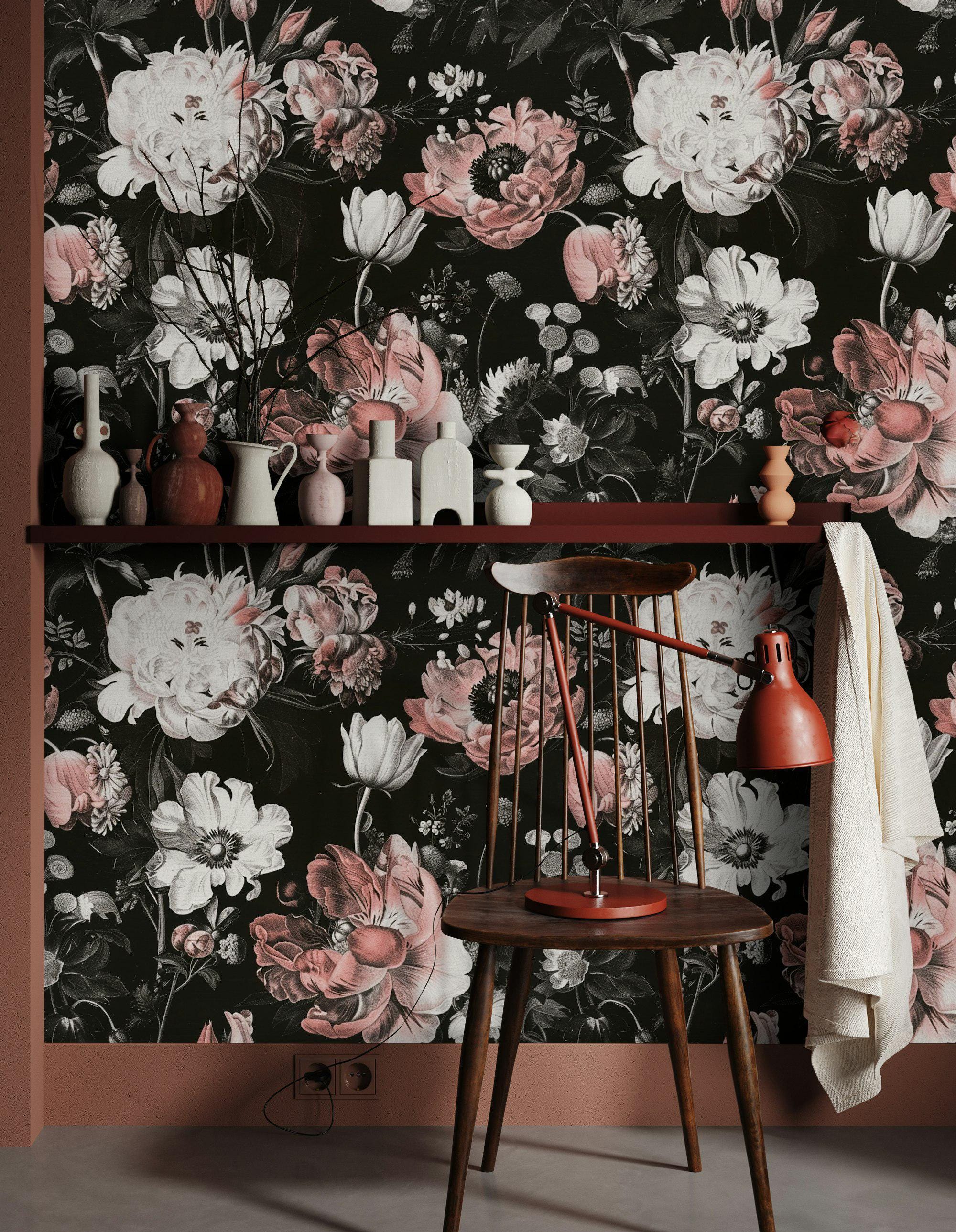 Vintage Floral Wallpaper With Pink Peonies and Anemones - Elegant Wall ...
