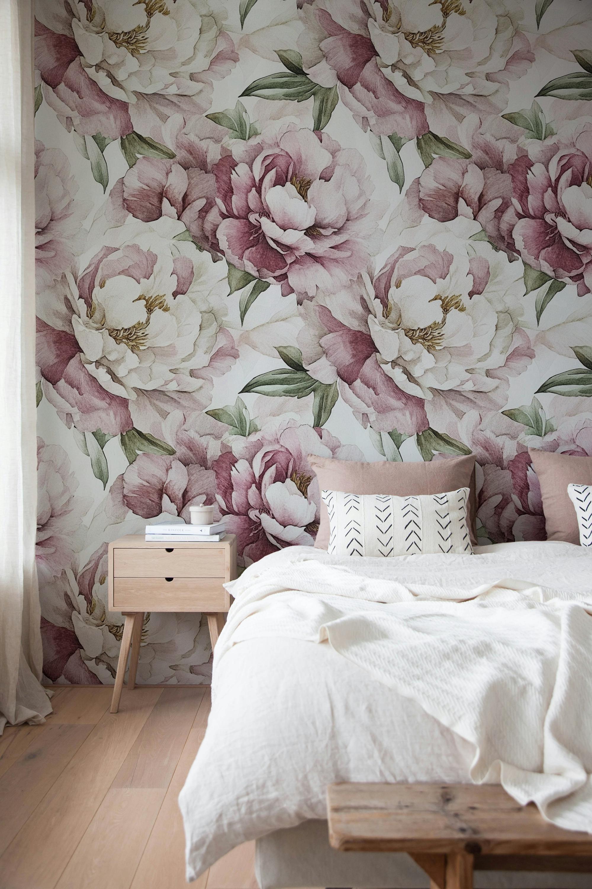 Blush Pink Peony Wallpaper Soft Floral Peel and Stick Wall Mural ...