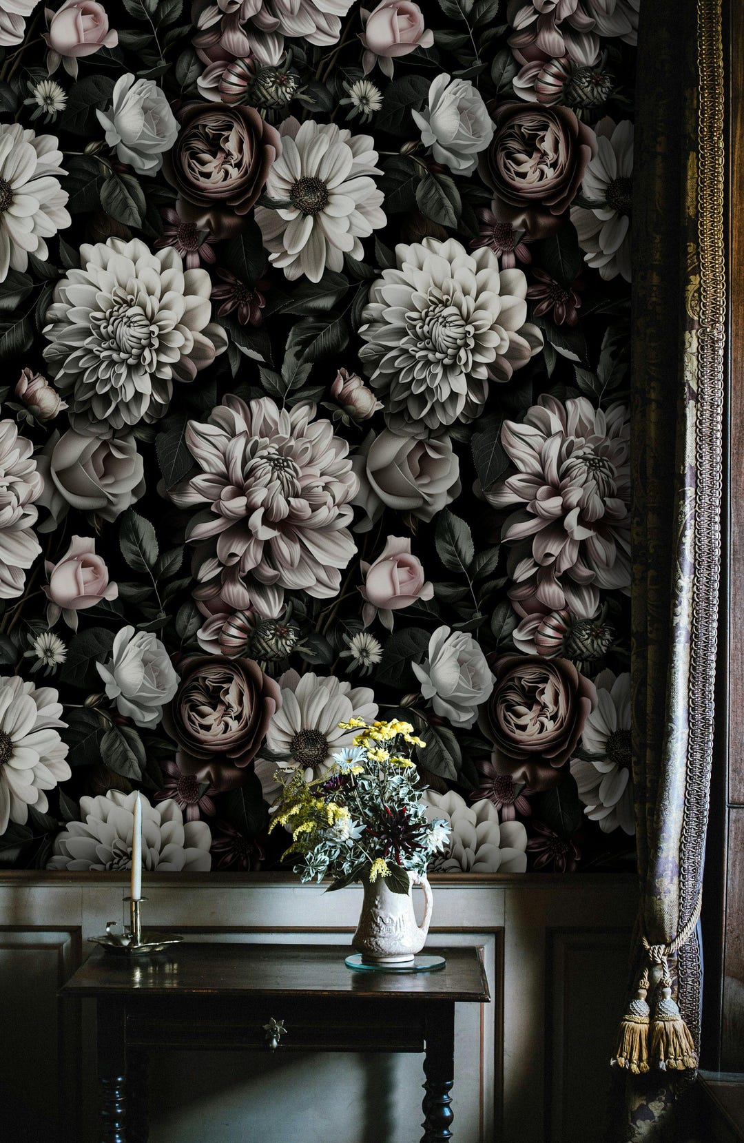 Dark Floral Wallpaper Vintage Blooms Mural Moody Botanical Wall Decor ...