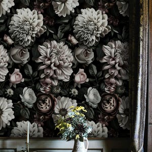Dark Floral Wallpaper Vintage Blooms Mural Moody Botanical Wall Decor Large Flower Print