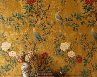 Bloemen vogels behang goud Peel and Stick Oosterse muurdecoratie