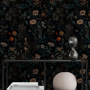 Elegant Botanical Floral Wallpaper - Dark Background, Sunflowers, Poppies, Daisies, Lush Leaves, Hand-Painted Style