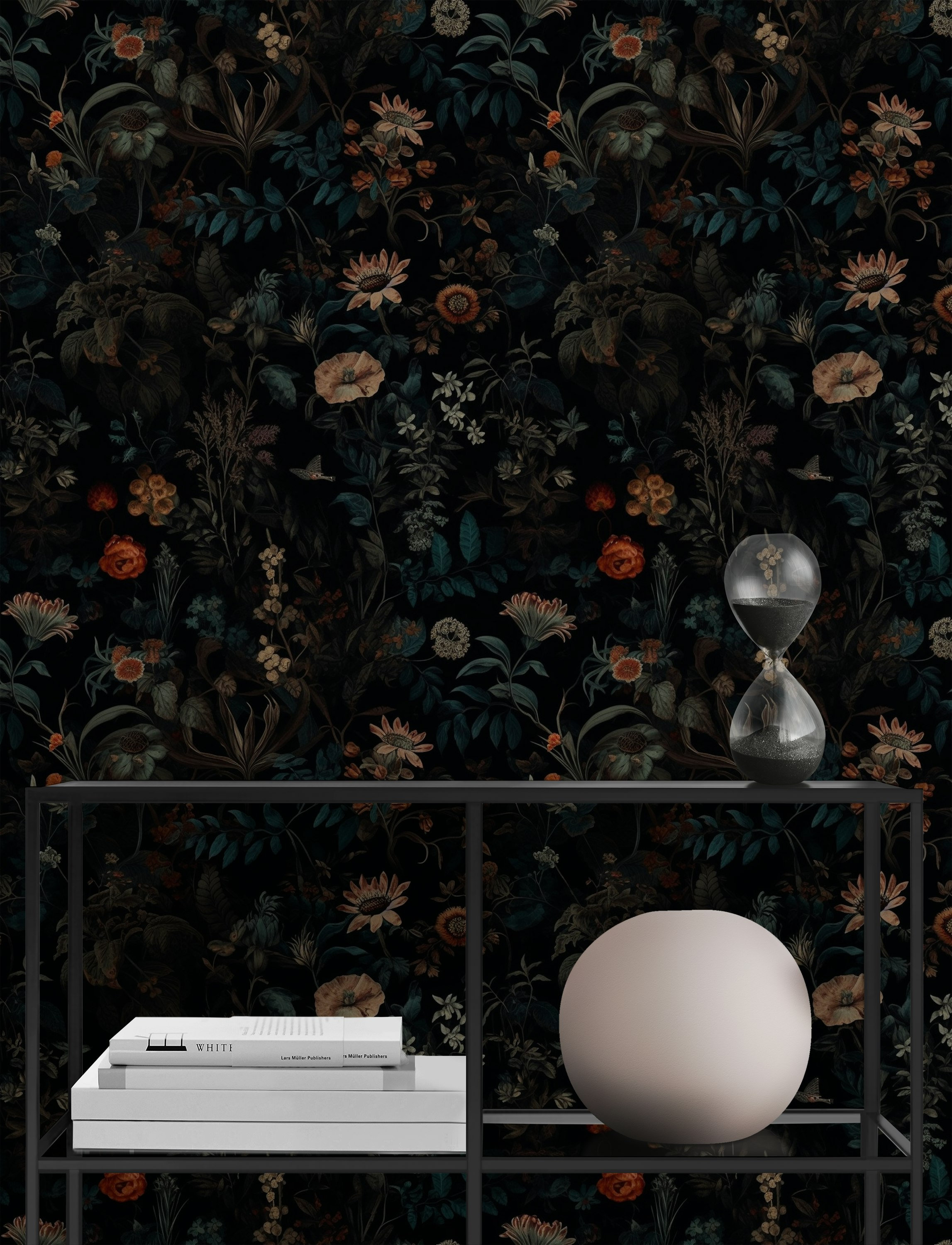 Papel de Parede Floral Botânico Elegante - Fundo Escuro, Girassóis, Papoulas, Margaridas, Folhas Exuberantes, Estilo Pintado à Mão