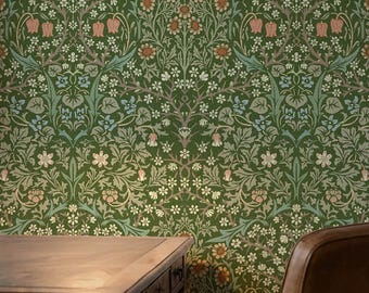 William Morris Blackthorn Wallpaper Mural - Forest, Madder Lake, Summer Meadow, Welsh Slate Colors, Floral Design