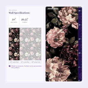 a wall specification for a floral pattern, including details such as the roll width, pattern detail, and the number of rolls.