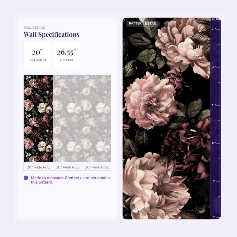 a wall specification for a floral pattern, including details such as the roll width, pattern detail, and the number of rolls.
