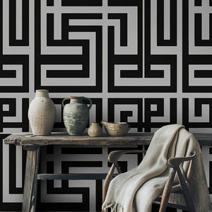Modern Geometric Maze Pattern Wallpaper Peel and Stick Black and Gray Wall Mural
