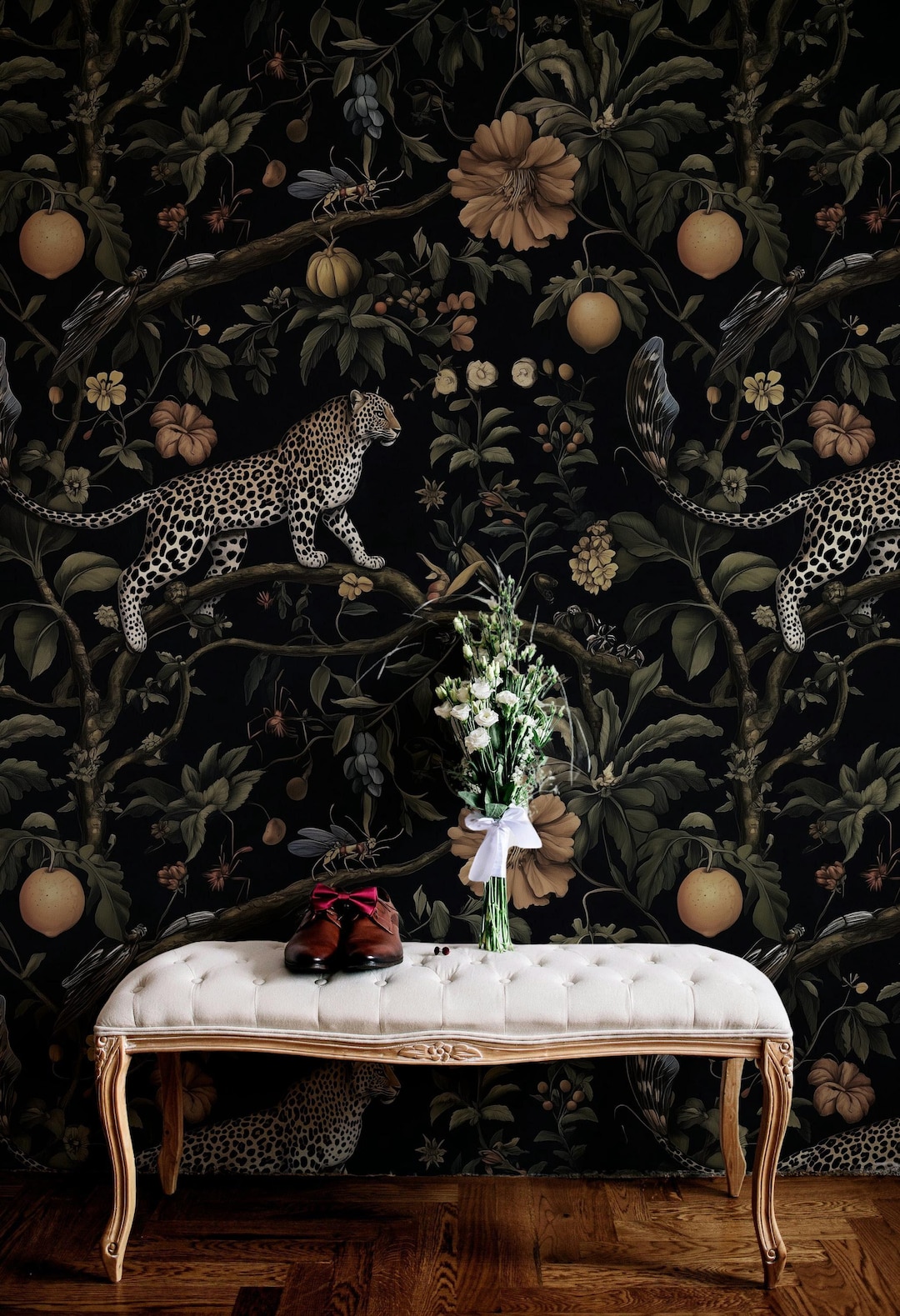 Exotic Leopard and Jungle Fruits Wallpaper Bold Dark Floral Peel and ...