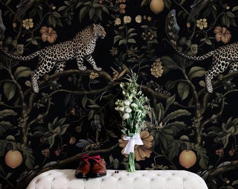Exotic Leopard and Jungle Fruits Wallpaper Bold Dark Floral Peel and Stick Mural Tropical Animal and Nature Wall Mural