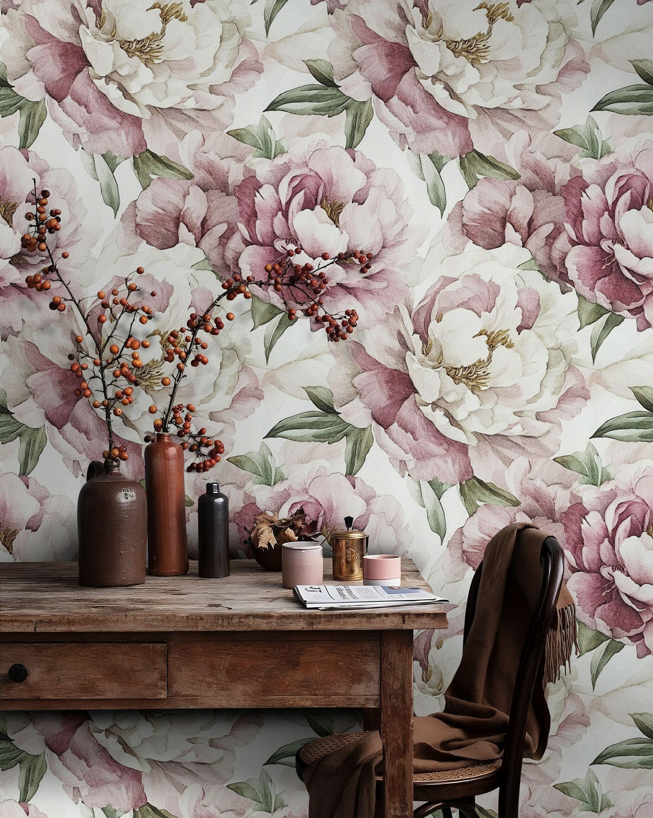 Blush Pink Peony Wallpaper Soft Floral Peel and Stick Wall Mural ...