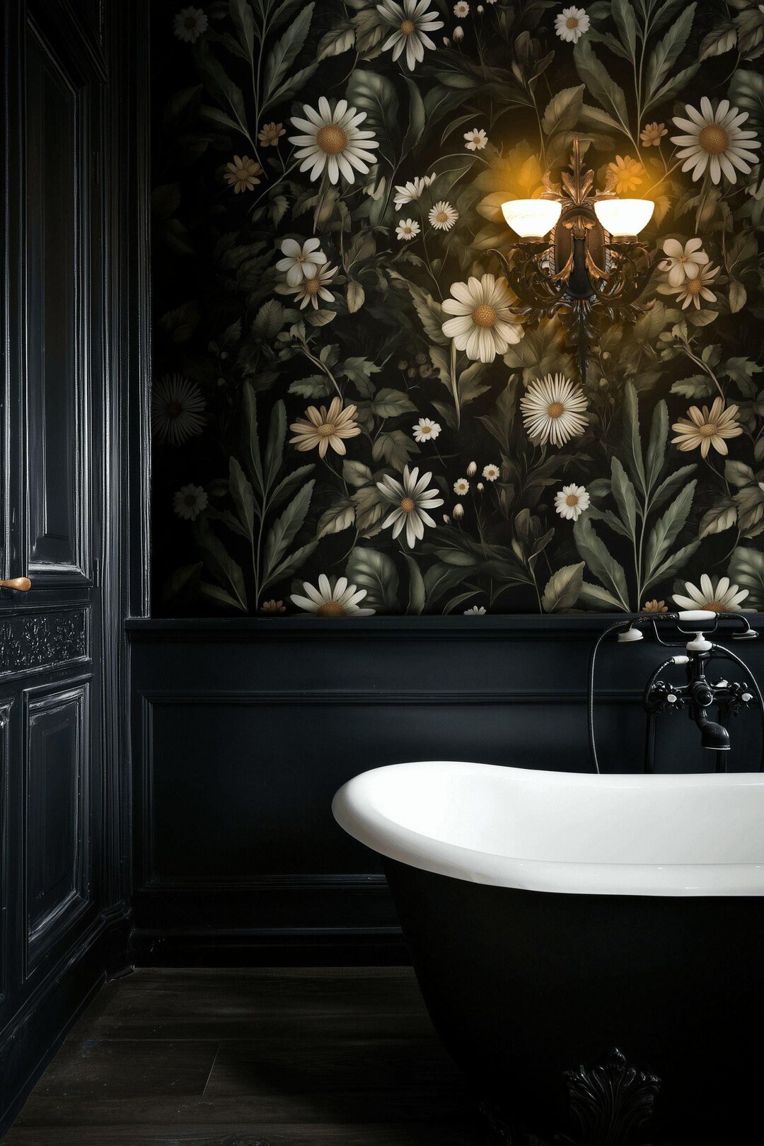 Dark Daisy Wallpaper Elegant Floral Cozy Interiors Botanical Mural - Etsy