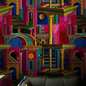 Carta da parati Whimsical Wonderland, staccabile e attaccabile, design architettonico vibrante, forme geometriche astratte, murale artistico colorato