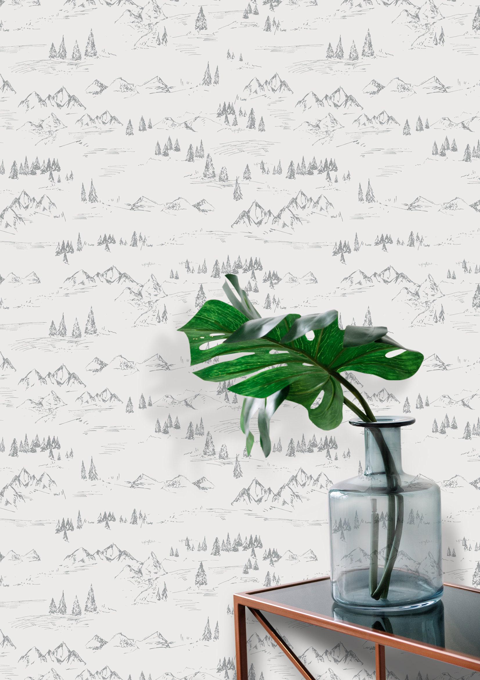 Sketched Mountains Peel and Stick Wallpaper Drawing Trees Wall Mural - Etsy