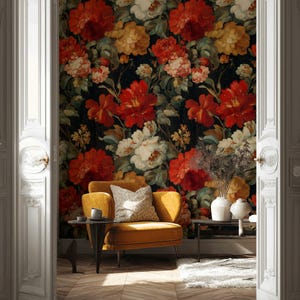 Vintage Floral Peel And Stick Wallpaper Red Poppy Mural Dark Garden Wall Decor