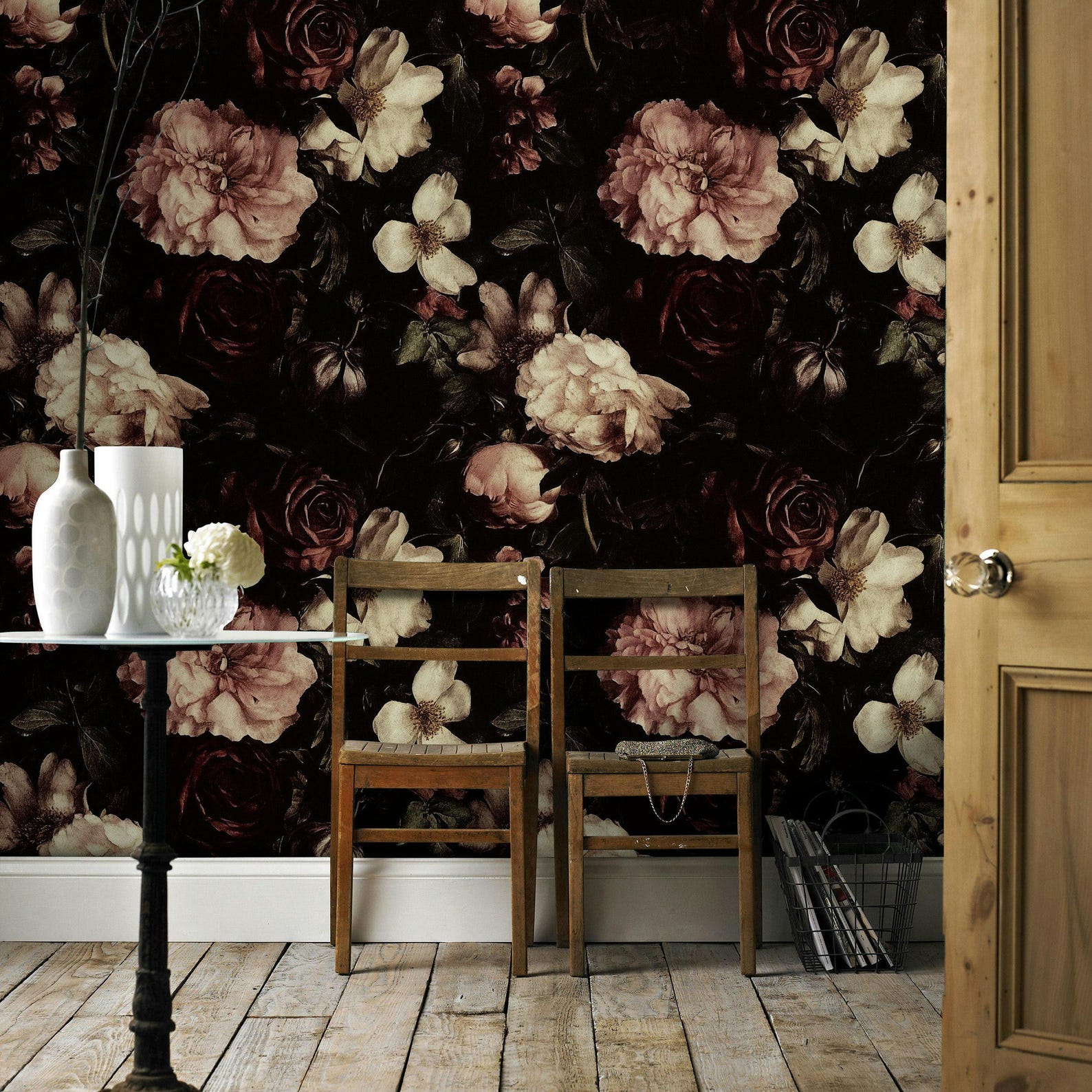Vintage Dark Floral Wallpaper, Elegant Still Life With Peonies and ...