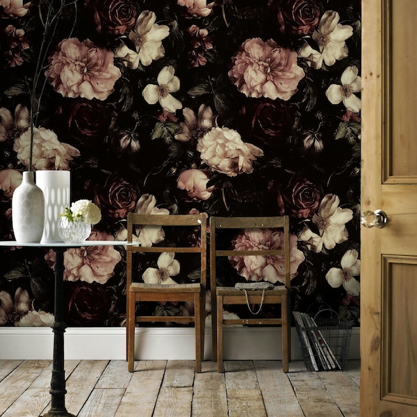 Vintage Dark Floral Wallpaper, Elegant Still Life with Peonies and Roses, Gothic Romantic Peel and Stick Mural for Bedroom