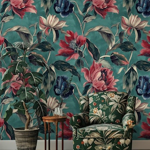 Bold Botanical Wallpaper Vibrant Red and Blue Floral Peel and Stick Mural Green Background Wall Art for Modern Home Decor