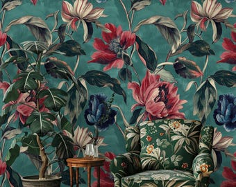 Papel pintado botánico llamativo, mural floral rojo y azul vibrante, autoadhesivo, con fondo verde, ideal para la decoración moderna del hogar.