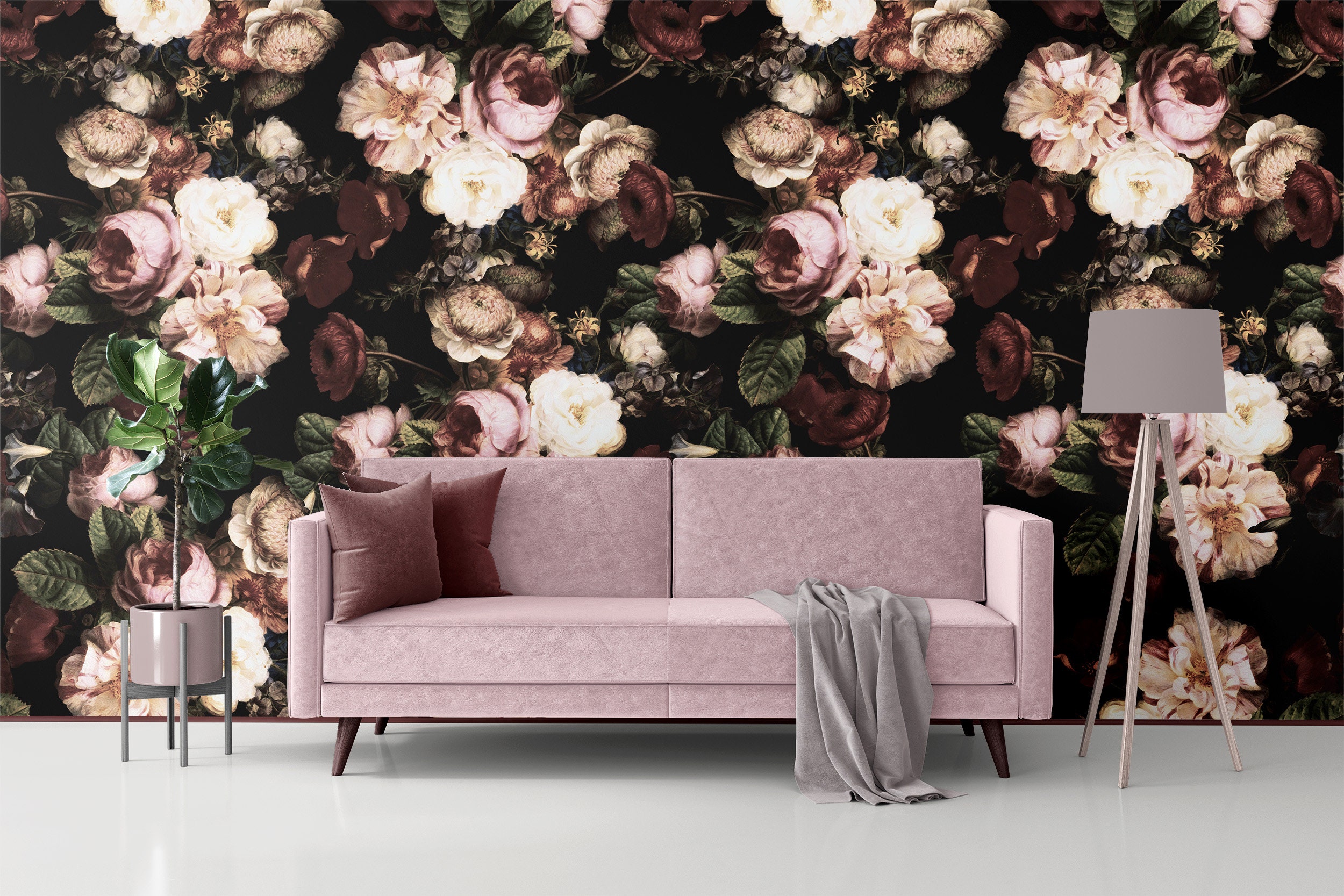 Dark Peony Floral Wallpaper Peel and Stick Peonies Wall Mural Dark ...