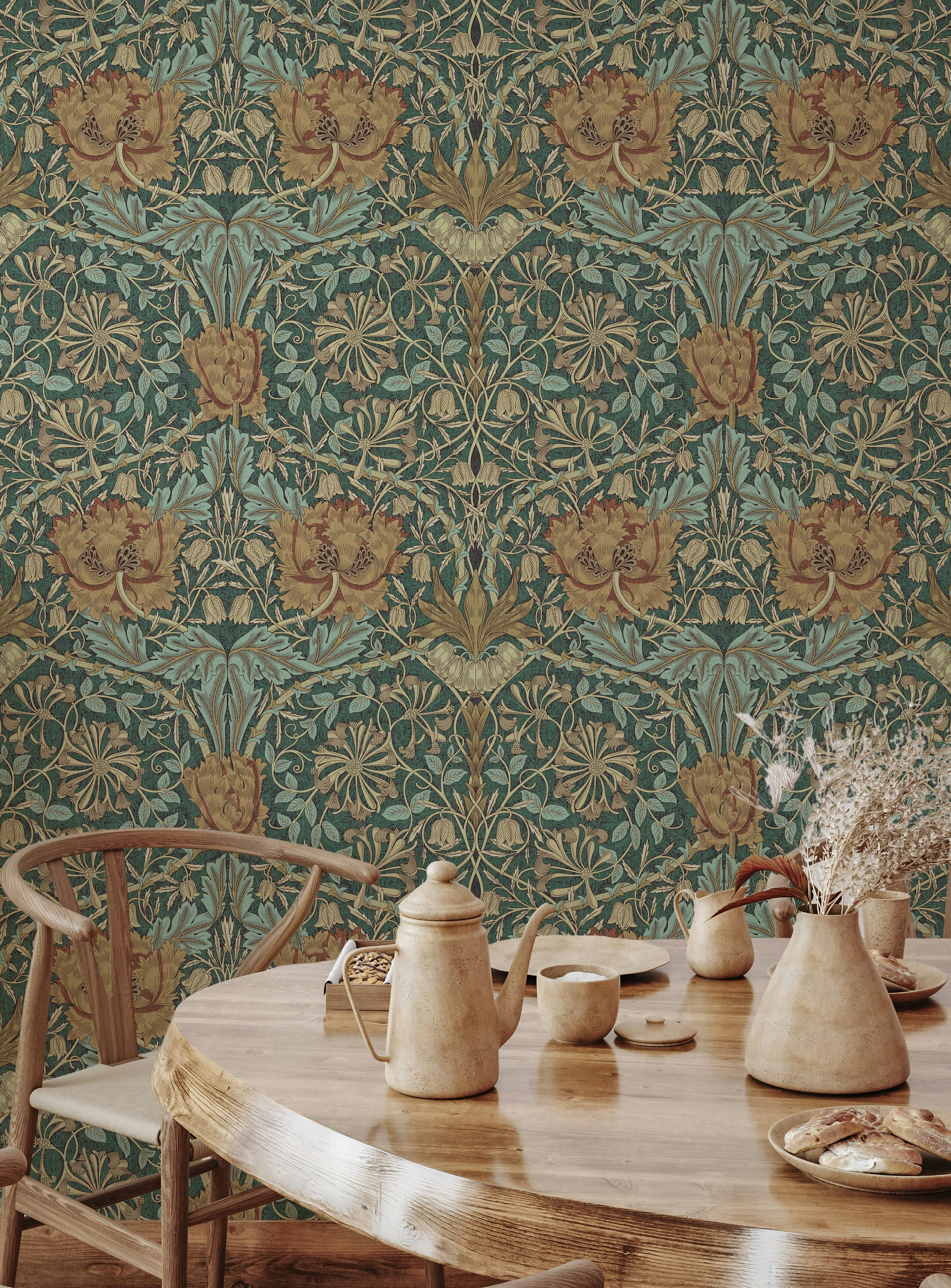 William Morris Honeysuckle Trellis Wallpaper - Papyrus on Madder