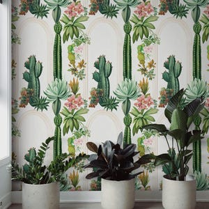 Carta da parati con cactus e piante grasse del deserto / murale botanico vibrante