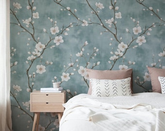 Chinoiserie Floral Wallpaper White Blossoms on Aqua Background Elegant Peel and Stick Wall Mural for Bedroom