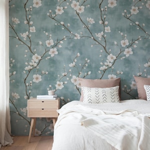 Chinoiserie Floral Wallpaper Weiße Blüten auf Aqua Hintergrund Elegantes Schälen und Aufkleben Wandbild für Schlafzimmer