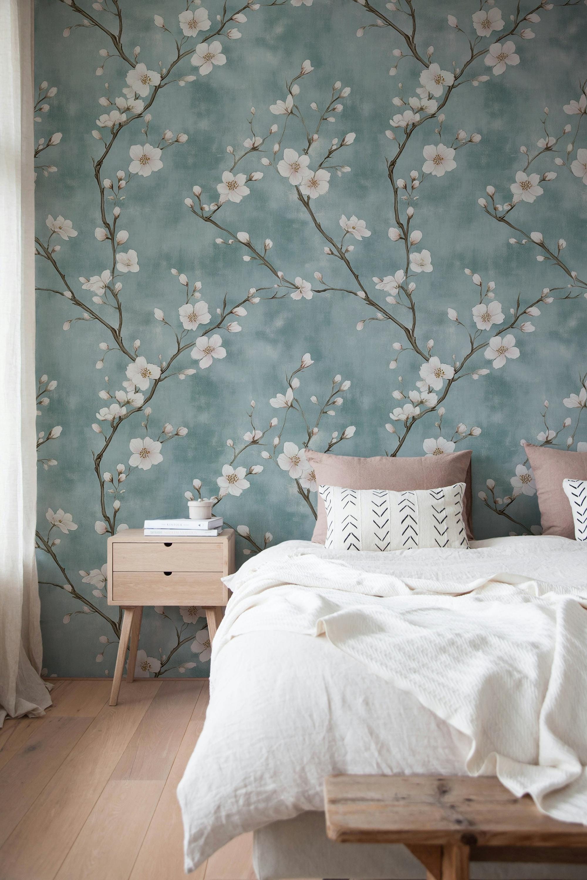 Chinoiserie Floral Wallpaper White Blossoms on Aqua Background