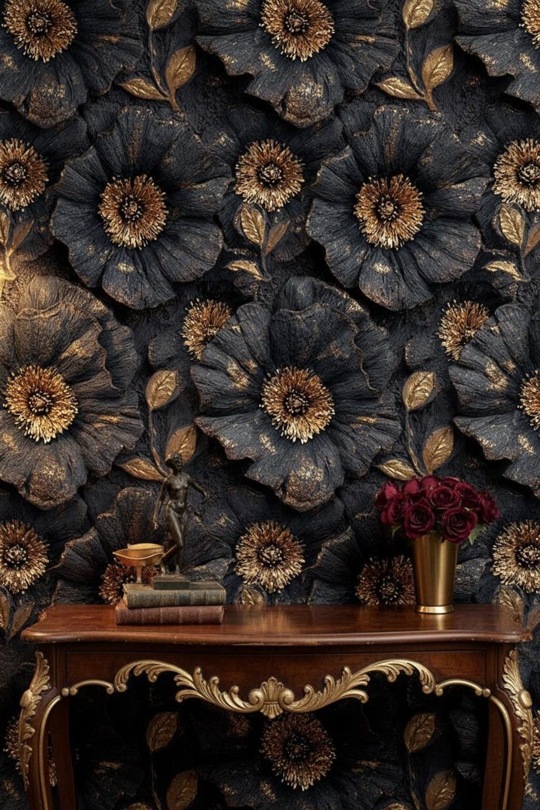 Floral Wallpaper Peel and Stick Black Mural Gold Wall Decor - Etsy